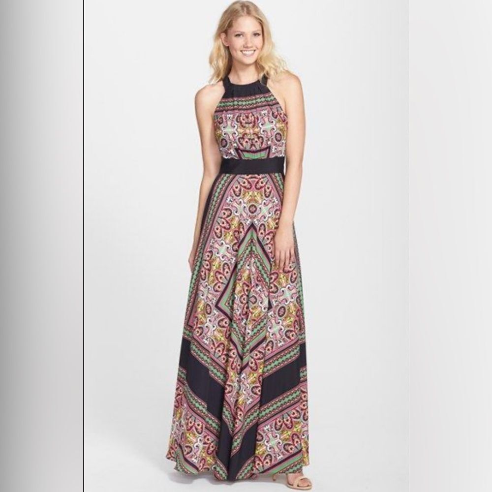 NWT Eliza J Multi Color Scarf Print Maxi Dress - Women’s size 4 new